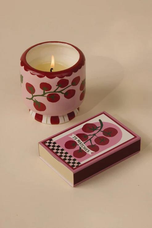 VELA CERAMICA Y CERILLAS ADOPO TOMATE