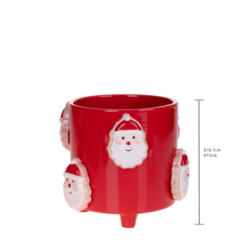 MACETA CERAMICA ROJA CON PAPA NOEL EN RELIEVE MEDIDAS