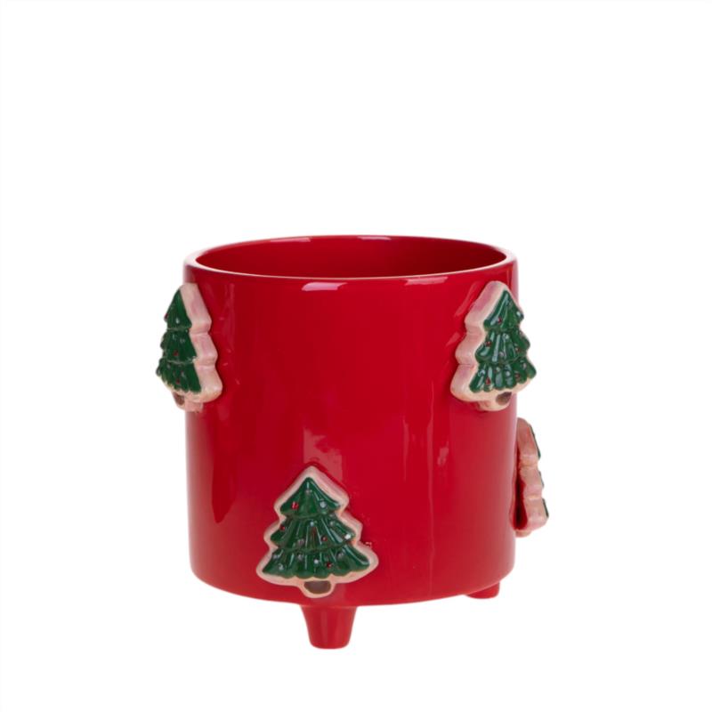 MACETA CERAMICA ROJA CON ARBOL EN RELIEVE