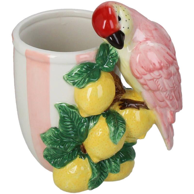 MACETA PAJARO LIMONES RAYAS ROSAS