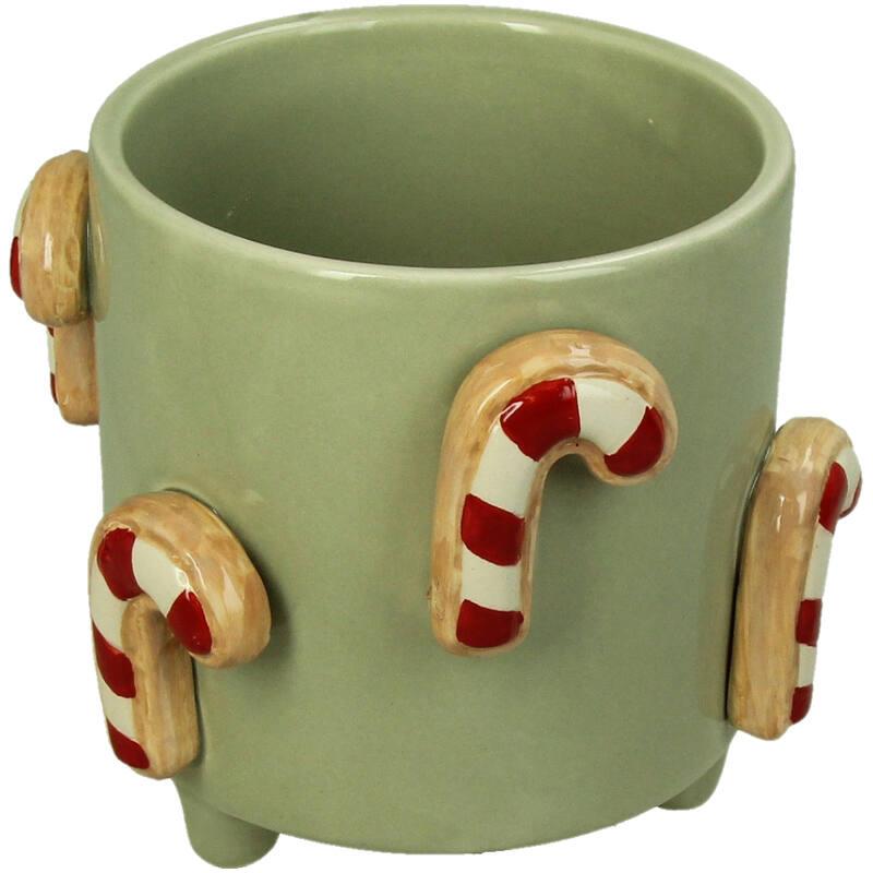 MACETA CERAMICA VERDE CON BASTON DE CARAMELO EN RELIEVE