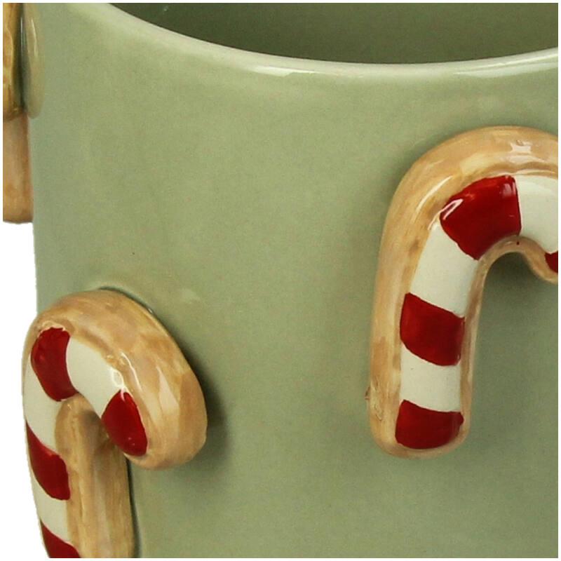 MACETA CERAMICA VERDE CON BASTON DE CARAMELO EN RELIEVE DETALLE