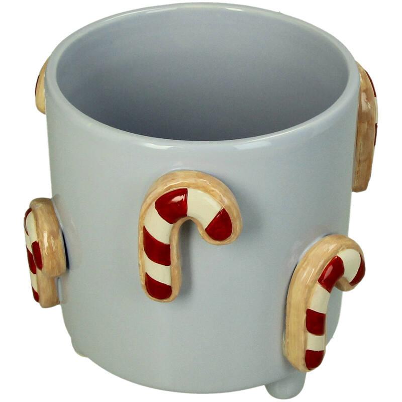 MACETA CERAMICA AZUL CON BASTON DE CARAMELO EN RELIEVE