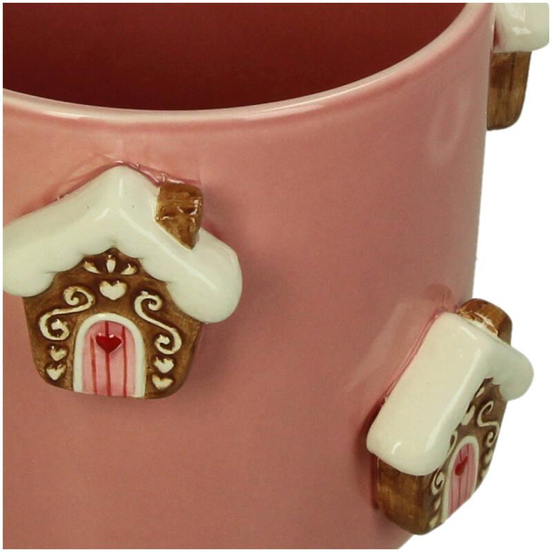 MACETA CERAMICA ROSA CON CASITA DE JENGIBRE EN RELIEVE DETALLE
